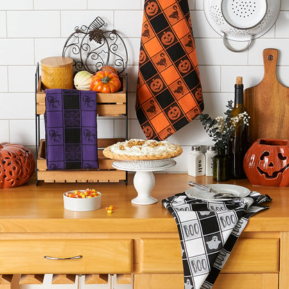 DII Happy Halloween Dishtowel Collection Embellished Cotton Kitchen Hand Towel Set, 18x28, Haunted Buffalo Check, 3 Count
