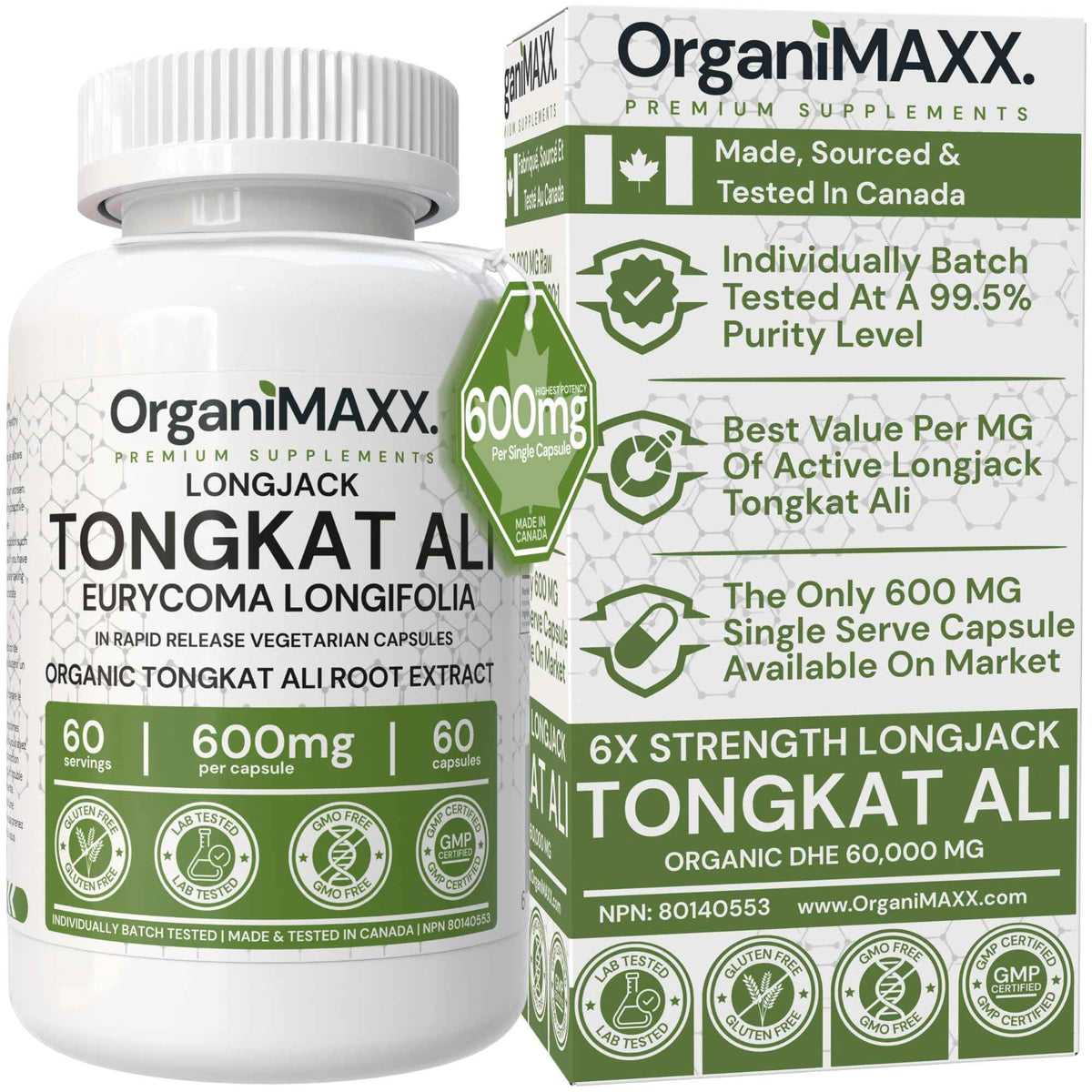 6X Strength Tongkat Ali 600 MG PER SINGLE CAPSULE 60,000 MG Equivalent 100:1 Extract Ratio Highest Potency, OrganiMAXX Longjack Eurycoma Longifolia Non-GMO Premium Tongkat Ali Supplement For Men. 🍁 All In One Marketplace Canada