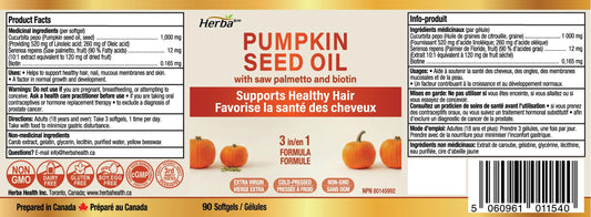 Herba Pumpkin Seed Oil Capsules for Hair - 90 Softgels | 3 in 1 with Saw Palmetto and Biotin | Cold Pressed, Extra Virgin, and Non GMO | Made in Canada 🍁 All In One Marketplace Canada