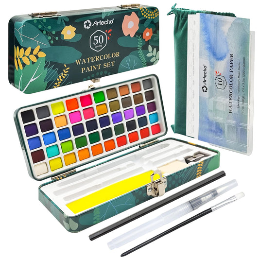Artecho Watercolor Paint Set 50 Colors in Portable Box Including 4 Fluorescent Colors, Travel Watercolour Set with Watercolour Papers, Brushes and other Tools, Idea for Artists and Hobbyists 🍁 All In One Marketplace Canada