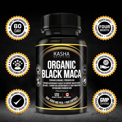Organic Black Maca for Men & Women DHE 3000mg (Industry Strongest) with 5mg Bioperine per Capsule - Organic Gelatinized Maca for all Genders | 750 mg 4:1 Extract Maca Root / Maca Powder | Proudly Canadian | 4 Month Supply, Non-GMO, Vegan, Gluten Free, Soy