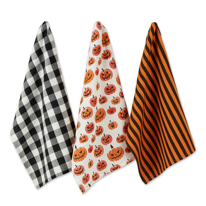 DII Halloween Hand Towels for The Kitchen Decorative Spooky & Fun Cotton Printed Dishtowel Set, 18x28, Black & White Buffalo Check/Orange Stripes, 3 Count