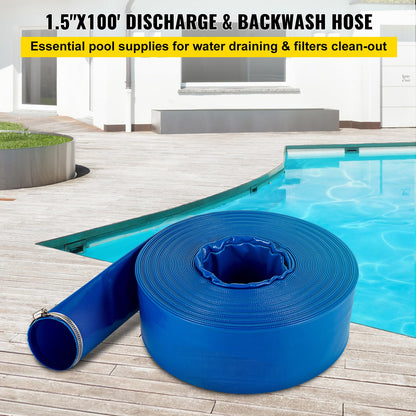 VEVOR Discharge Hose, 1-1/2" x 100', PVC Fabric Lay Flat Hose, Heavy Duty Backwash Drain Hose with Clamps, Weather-Proof & Burst-Proof, Ideal for Swimming Pool & Water Transfer, Blue 🍁 All In One Marketplace Canada