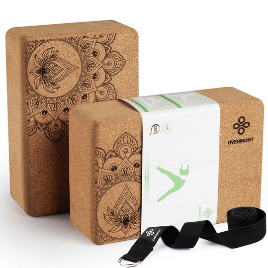 Overmont Cork Yoga Blocks 2 pack with Strap Set Natural Cork Yoga Bricks- High Density & Non-Slip Yoga Accessories for Women - Ideal for Yoga Pilates Fitness and Stretching 9x6x3'' 🍁 All In One Marketplace Canada