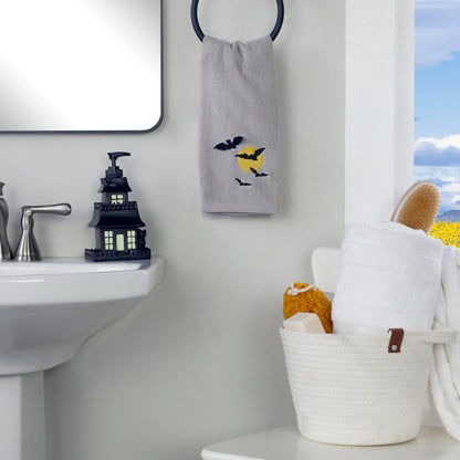 SKL Home Halloween Full Moon Flight 3D Hand Towel 2pc Set for Bath/Kitchen/Bar & Gift, Gray