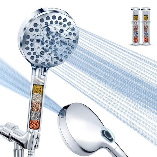 High Pressure 10-Mode Handheld Shower Head - Built in Power Wash for Clean, Replaceable Filter Soften Hard Water Remove Chlorine, 60 Inches Hose, Overhead Bracket, Anti-Clog Nozzle (Chrome) 🍁 All In One Marketplace Canada