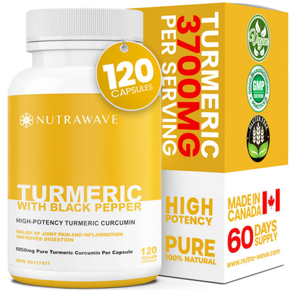 Nutrawave HIGH POTENCY TURMERIC CURCUMIN + BLACK PEPPER EXTRACT – Powerful 3700mg per Serving (2 capsules), Source of Anti-Inflammatory and Antioxidants. Joint Pain Relief, Improved Liver Function. Non-GMO, Vegan, Gluten Free. Zero Additives, Easy to Swal