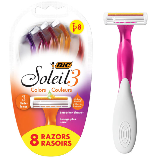 BIC Soleil 3 Colors Women's Disposable 3-Blade Razors, Aloe Strip, Women's Razors for University Residence Room Essentials and First Apartment Essentials, 8-Pack 🍁 All In One Marketplace Canada
