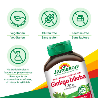 Jamieson Ginko Biloba 4,000 mg, Helps Enhance Cognitive Function, Improve Memory, and Supports Peripheral Circulation. Vegetarian, Gluten-Free, 90 Count 🍁 All In One Marketplace Canada