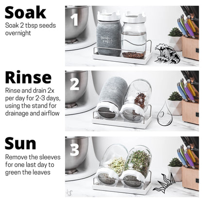 Sun & Sprouts The Original Complete Sprouting Kit - 2 Large Wide-Mouth Mason Jars, Premium Screen lids, Blackout Sleeves, Tray, Sprouter Stand - for Growing Broccoli, Mung Bean, Alfalfa from Seed 🍁 All In One Marketplace Canada