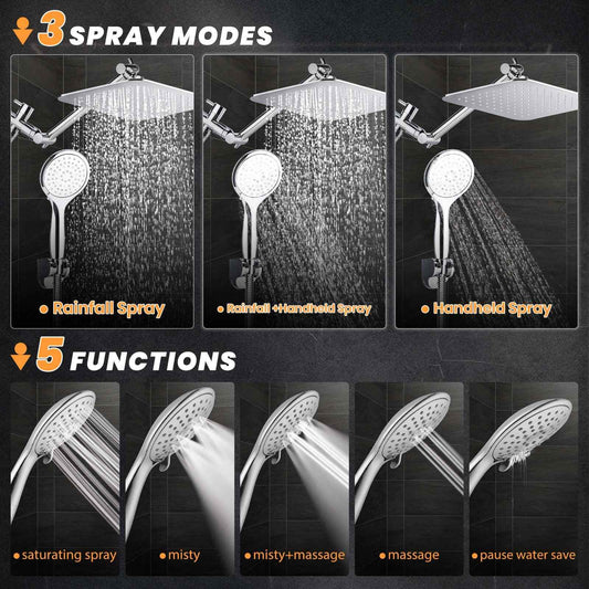 COSYLAND Rain Shower Head with Handheld - 304 Stainless Steel High Pressure 8 inch Square Rainfall Showerhead Combo with 3 Spray Mode 11 inch Extension Adjustable Arm & 60 inch Hose - Chrome 🍁 All In One Marketplace Canada