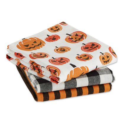 DII Halloween Hand Towels for The Kitchen Decorative Spooky & Fun Cotton Printed Dishtowel Set, 18x28, Black & White Buffalo Check/Orange Stripes, 3 Count