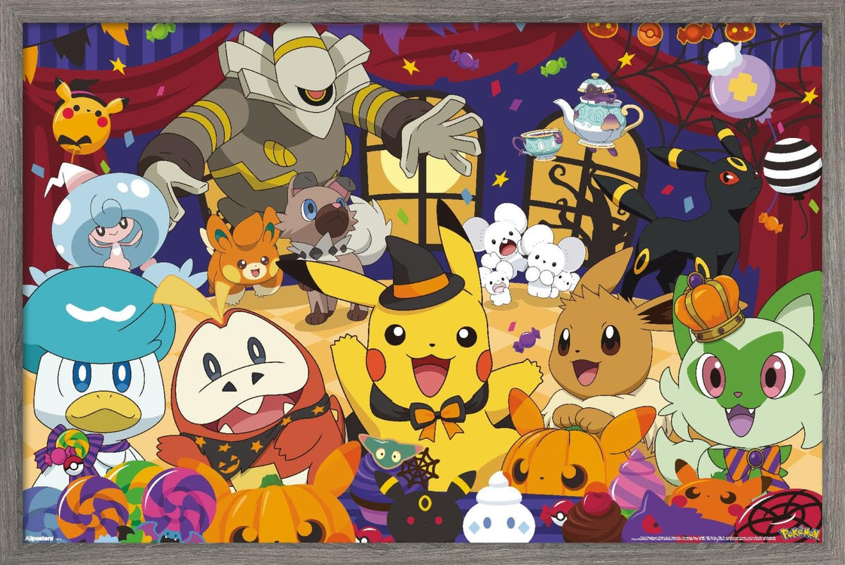 Pokémon: Halloween Party- Group Wall Poster, 34L" x 22.4W", Barnwood Framed Version
