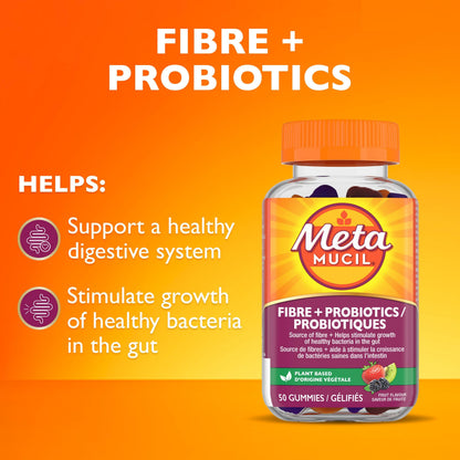 Metamucil Daily Fibre Gummies with Probiotics, Fuit Flavour, Daily Prebiotic + Probiotic, Fibre Supplement for Adults, Gelatin-Free, 50 Count 🍁 All In One Marketplace Canada