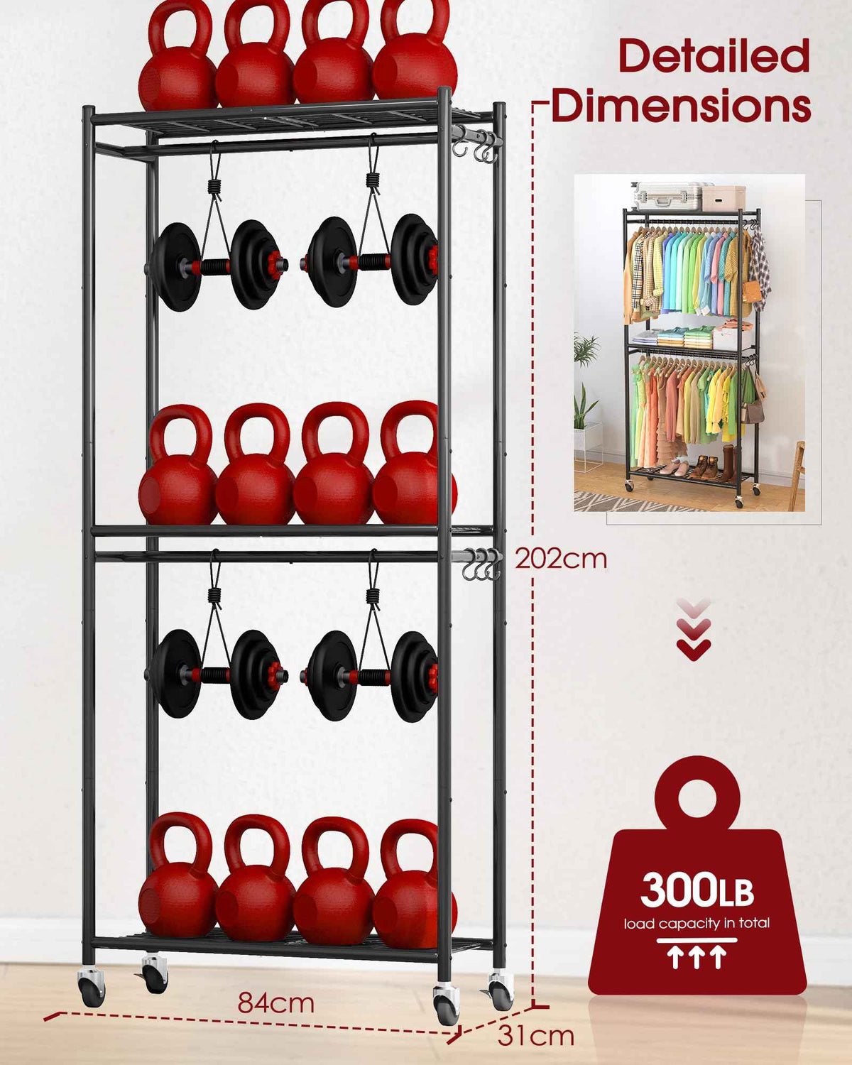 Sakugi Clothing Rack - Coat Rack with Shelves & Wheels, Multi-Functional Clothes Rack with Hooks, Sturdy Metal Garment Shelf for Bedroom, Laundry, Balcony, 84W × 31D × 202H cm, Black 🍁 All In One Marketplace Canada