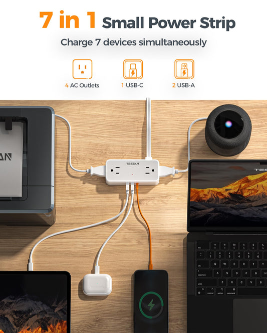 Surge Protector Flat Extension Cord Indoor, TESSAN Flat Plug Power Bar with 4 Multiple Outlets, 3 USB Ports (1 USB C), 5 Feet Small Power Strip Wall Mounted for Home Office Dorm Room, Gray 🍁 All In One Marketplace Canada