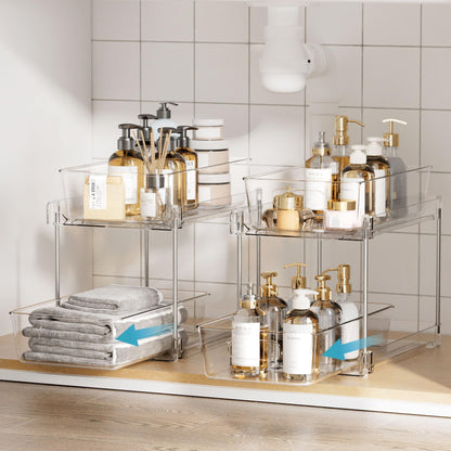 2 Tier Bathroom Storage Organizer, Vtopmart 4 Pack Clear Under Sink Organizers Vanity Counter Storage Container, Medicine Cabinet Drawers Bins, Pull-Out Organization with Track for Pantry, Kitchen 🍁 All In One Marketplace Canada