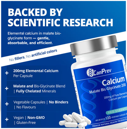 CanPrev Calcium Malate Bis-Glycinate Supplement, 120 Capsules 120-Day Supply - Therapeutic 200mg Elemental - Ideal for Healthy Bones, Teeth, Muscle Cramps and Promote Relaxation - Vegan and Non-GMO 🍁 All In One Marketplace Canada