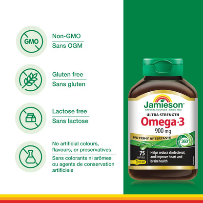 Jamieson Ultra-Strength Omega-3 900 mg, No Fishy Aftertaste, Supports Heart, Brain, and Eye Health, Arthritis Support. High Potency, with EPA and DHA, Non-GMO, Gluten-Free, 75 Softgels, Proudly Canadian 🍁 All In One Marketplace Canada