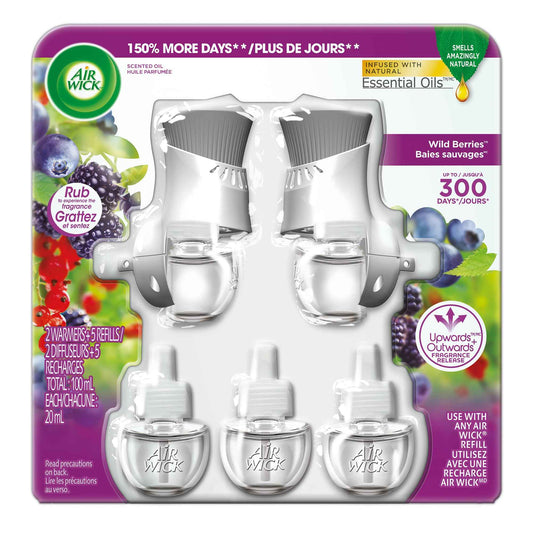 Air Wick Plug In Scented Oil Air Freshener for Home – Infused with Essential Oils, Adjustable Fragrance Control – Wild Berries Scent – Includes 2 Warmers & 5 Refills 🍁 All In One Marketplace Canada