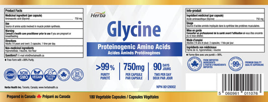 Herba Glycine Supplement 750mg - 180 Capsules | >99% Ultra Pure Glycine Capsules | Free-form Proteinogenic Amino Acids Supplements | Made in Canada 🍁 All In One Marketplace Canada