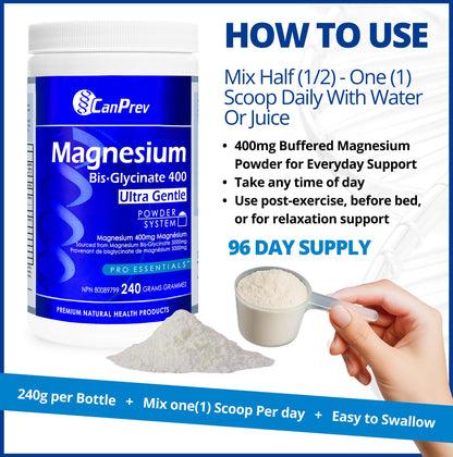 CanPrev Magnesium Bisglycinate Ultra Gentle 240g Powder 48-Servings - 400mg of Pure Elemental Magnesium Per Scoop - Chelated Complex - Muscle Health, Calm, Relaxation, Bone Health and Cramp Relief 🍁 All In One Marketplace Canada