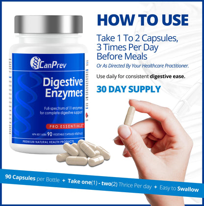 CanPrev - Digestive Enzymes Supplement, 90 Capsules 30-Day Supply - Full Spectrum of 11 Digestive Enzymes for Stomach Gas, Digestion, Indigestion and Bloating Relief - Helps Break Down Proteins 🍁 All In One Marketplace Canada