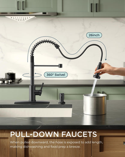 FORIOUS Black Kitchen Faucet with Pull Down Sprayer, Stainless Steel Single Handle Spring Classic Sink Faucets 1 or 3 Hole, for Farmhouse Camper Laundry Rv Bar, Matte Black 🍁 All In One Marketplace Canada