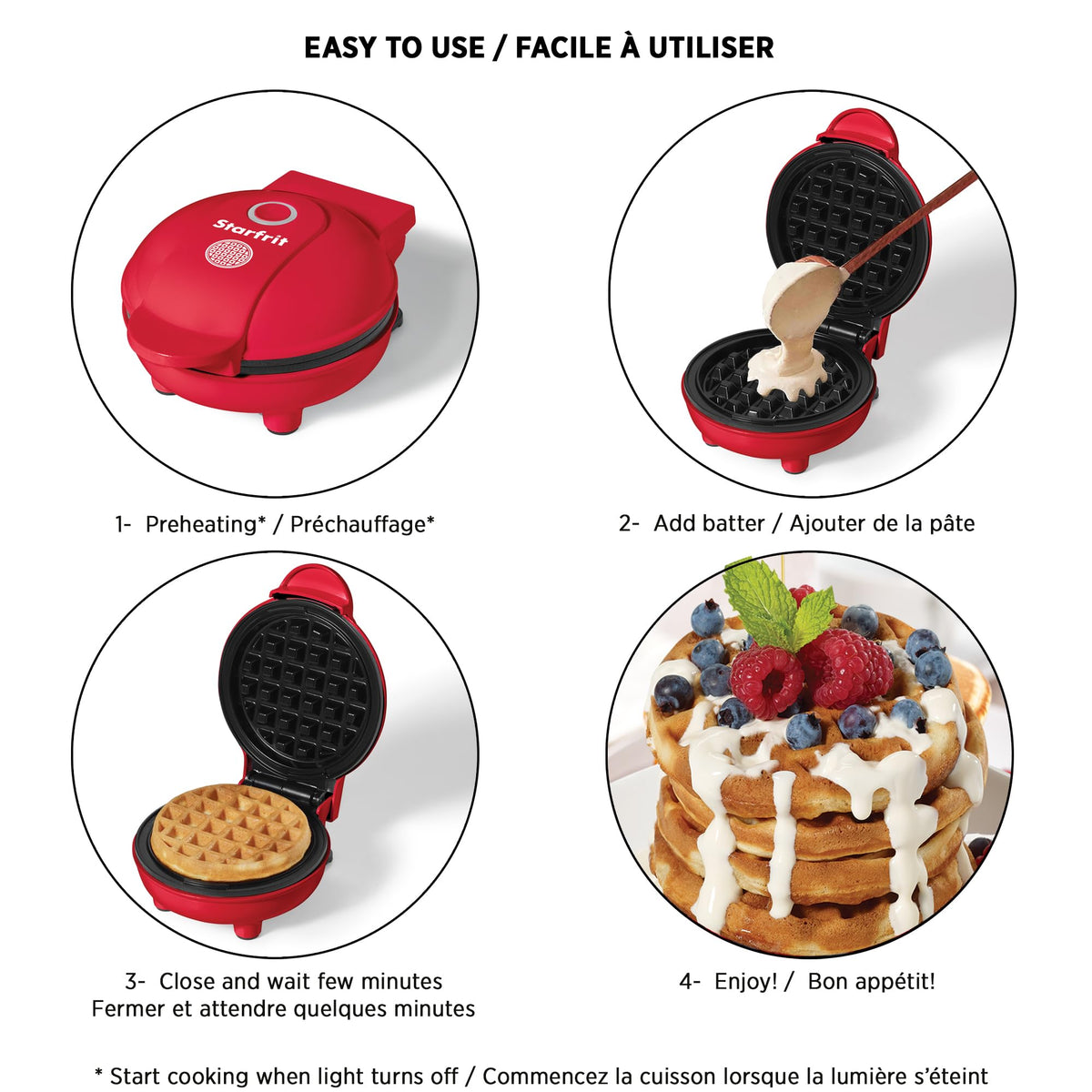 Starfrit Electric Mini Waffle Maker - 4" Non-Stick Cooking Surface - Easy to Use & Clean - Red - 350W 🍁 All In One Marketplace Canada