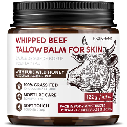 Beef Tallow Face Cream, Whipped Tallow and Honey Balm for Face and Body, Grass Fed Natural Skincare Moisturizer for Dry and Sensitive Skin, Hydrating Body Butter 🍁 All In One Marketplace Canada