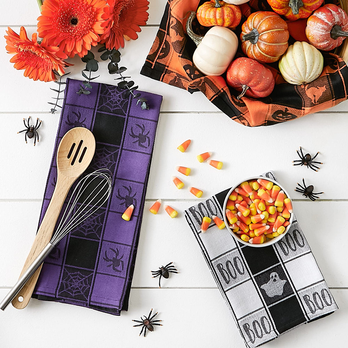 DII Happy Halloween Dishtowel Collection Embellished Cotton Kitchen Hand Towel Set, 18x28, Haunted Buffalo Check, 3 Count
