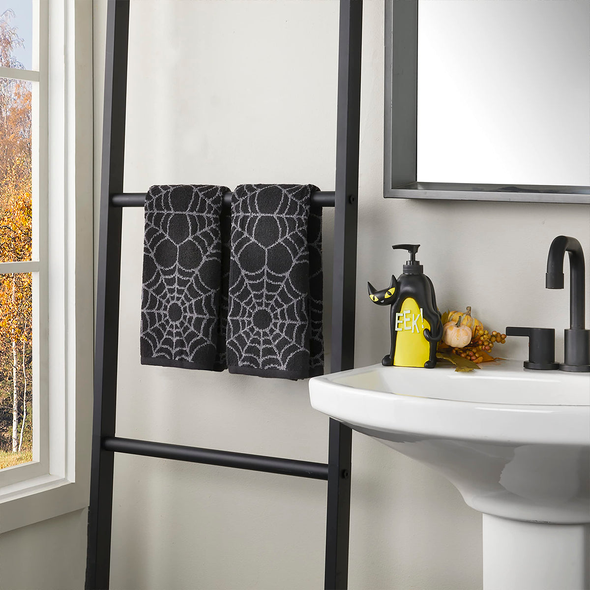SKL Home Halloween Spider Web 100% Cotton Jacquard 2pc Hand Towel Set, Reversible, Soft & Absorbent, Decorative for Bath/Kitchen/Bar & Gift, Black