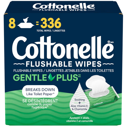 Cottonelle GentlePlus Flushable Wet Wipes with Aloe & Vitamin E, Adult Wet Wipes, 8 Flip-Top Packs, 42 Wipes per Pack (336 Total Flushable Wipes) 🍁 All In One Marketplace Canada