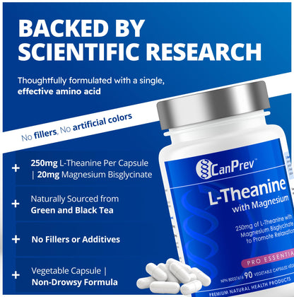 CanPrev L-Theanine with Magnesium, 90 Capsules 90-Day Supply - Promote Relaxation and Calmness - Without Drowsiness - Synergistic Blend for Well-being Management - Vegan, Non-GMO and Gluten-Free 🍁 All In One Marketplace Canada