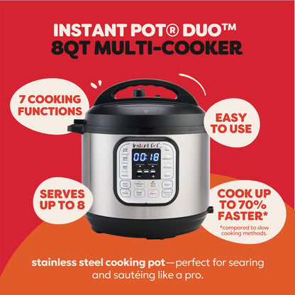 Instant Pot Duo 7-in-1 Electric Pressure Cooker, Slow Cooker, Rice Cooker, Steamer, Sauté, Yogurt Maker, Warmer & Sterilizer, 8 Quart, Stainless Steel/Black