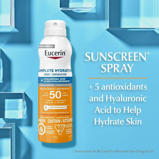 Eucerin Complete Hydration Sunscreen Spray, Daily Body Sunscreen SPF 50 With Hyaluronic Acid, Lightweight Body SPF 50 Spray with UVA-UVB Sun Protection, Fragrance Free & Water Resistant, 170 g Spray Bottle 🍁 All In One Marketplace Canada