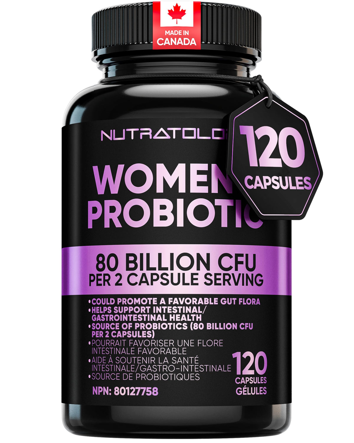 Nutratology® Probiotics for Women | Canadian-Made | 40 Billion CFUs Per Capsule | 80 Billion CFUs Per Serving - Bloating Relief & Digestion - 4 Strains of Women's Probiotic for Gut Health -120 Count 🍁 All In One Marketplace Canada