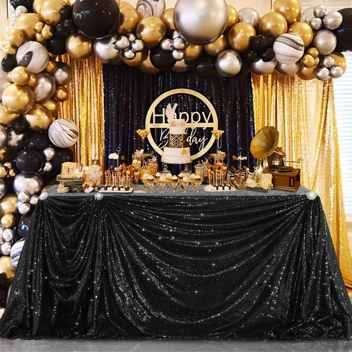 Black Sequin Tablecloth 90x156inch Sparkly Sequin Table Linen Centerpieces