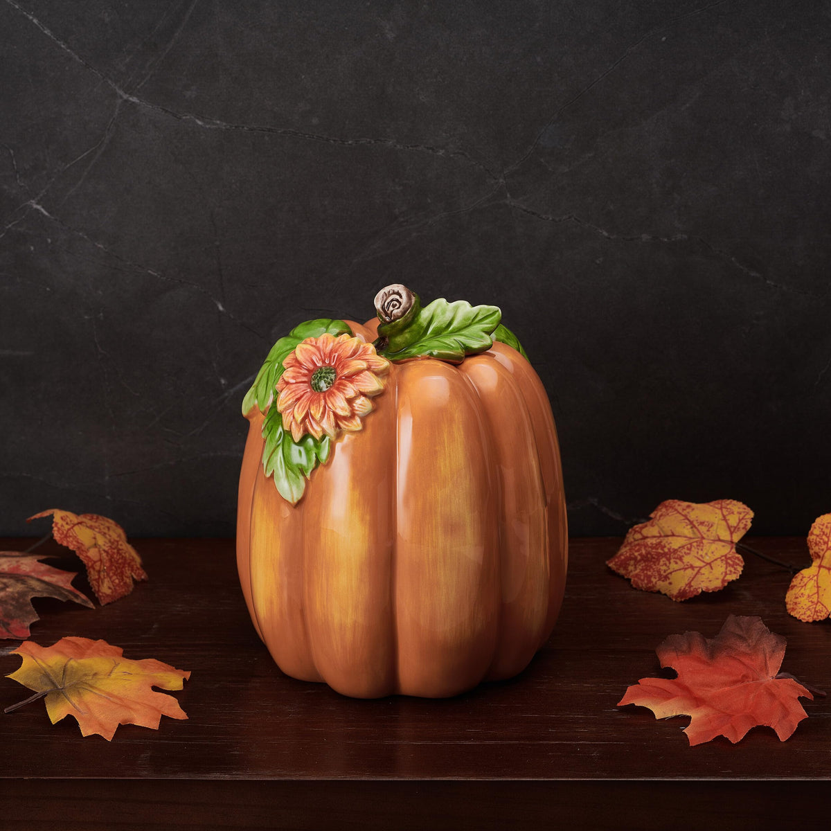 Fitz and Floyd Harvest Halloween Tall Flower Pumpkin Ceramic Figurine, 7 inch