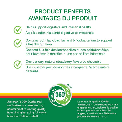 Jamieson Chewable Probiotic 2 Billion Active Cells Natural Strawberry Flavour, Family Friendly (3+), Supports Digestive Health. 5 Unique Strains, Including Lactobacillus and Bifidobacterium, Non-GMO, No Artificial Colours, Flavours, or Preservatives, 60 C