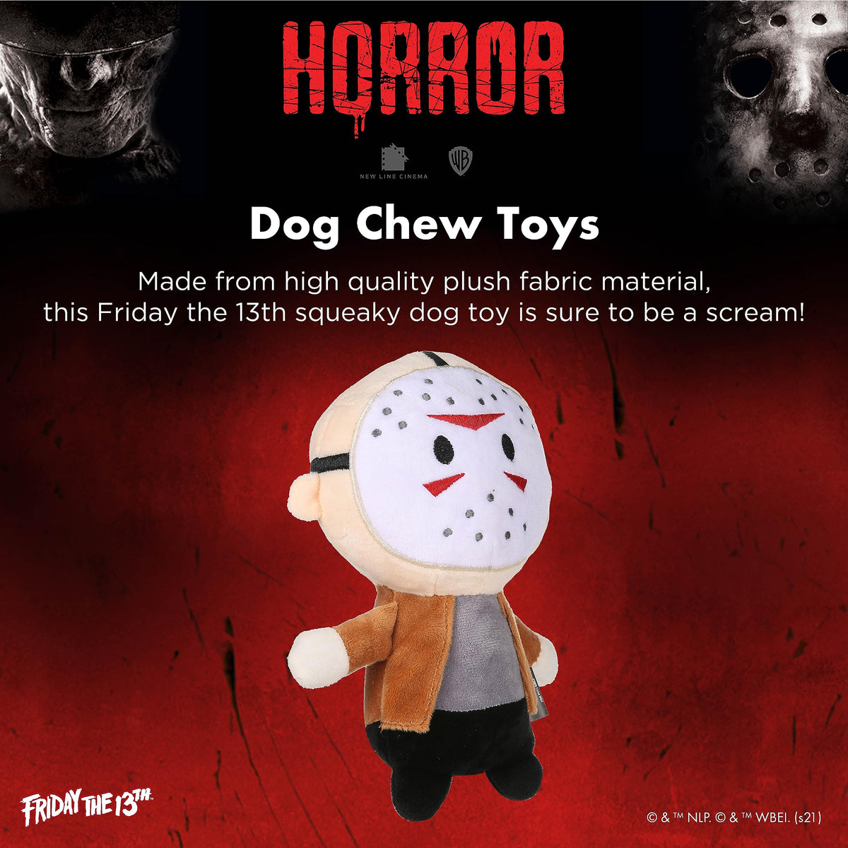 Warner BROS Horror Movies Friday The 13th Jason Voorhees Figure Plush Dog Toy | Medium Dog Toy from Friday The 13th Collection | Squeaky Dog Toy Halloween Dog Chew Toy, 6 Inch