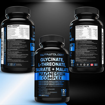 Nutratology Magnesium Complex - Glycinate, Malate, L-Threonate & Taurate With Vitamin B6 + Bioperine For Enhanced Absorption - Helps Support Healthy Bones, Muscles, Teeth & Heart - 100MG Elemental Magnesium Per Capsule - 120 Count