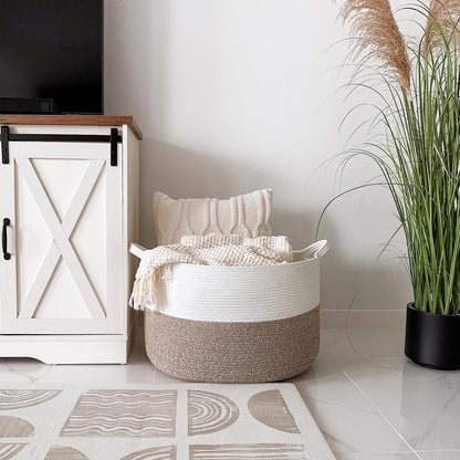 INDRESSME XXXLarge Cotton Rope Basket 21.7" x 21.7" x 13.8" Woven Laundry Basket for Blankets, Storage Basket with Handle Comforter Cushions Storage Bins Thread Laundry Hamper 🍁 All In One Marketplace Canada