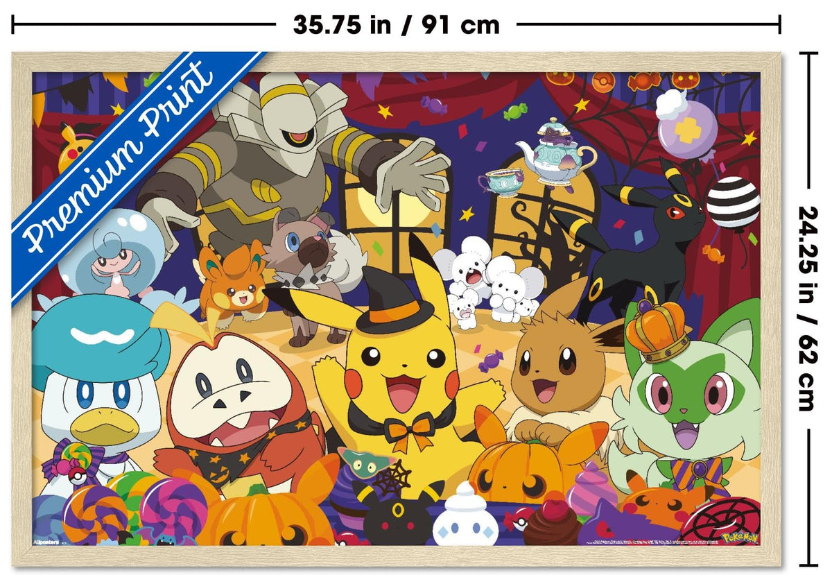 Pokémon: Halloween Party- Group Wall Poster, 34L" x 22.4W", Blonde Framed Version