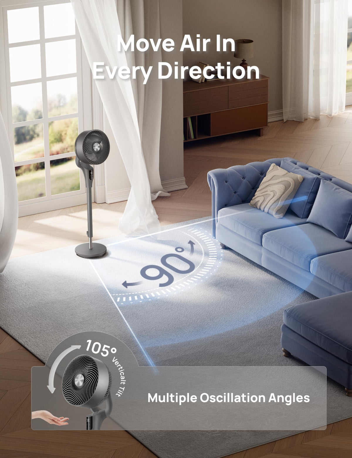 DREO Fan for Bedroom, 90° Oscillating Standing Fan, 20dB Quiet, 90ft Pedestal Fans for Room Office, DC Motor, 8+H Speeds, 3 Modes, 38-42'' Adjustable Height, Remote, 8H Timer, 105° Manual Vertical 🍁 All In One Marketplace Canada