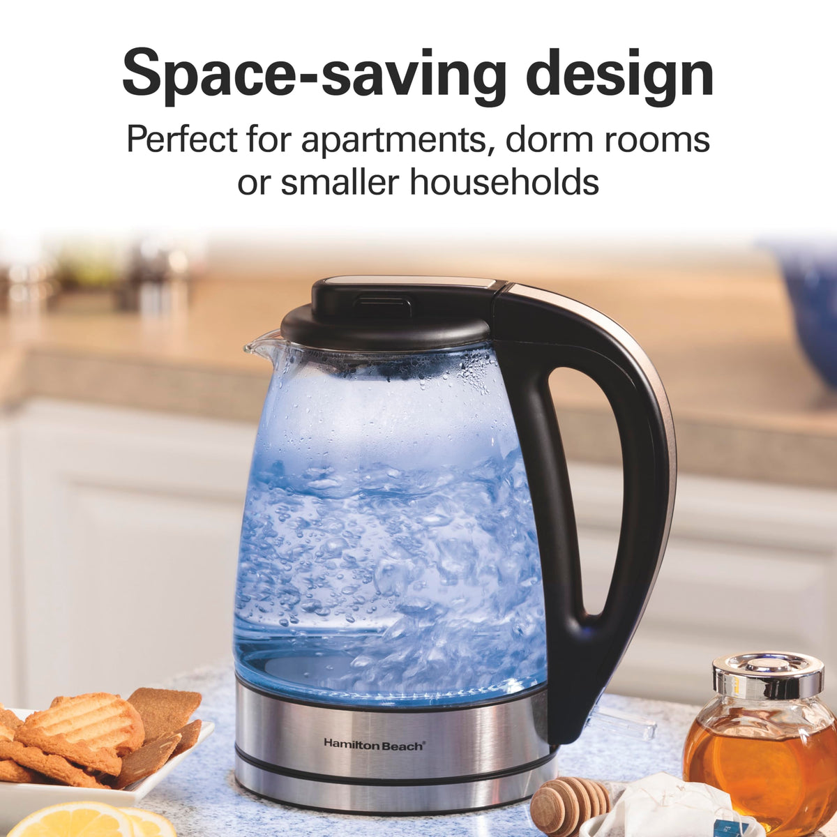 Hamilton Beach Glass Electric Kettle, 1 L, 1500W Fast Boiling Water Boiler, Cordless, Soft Blue LED Light, Auto Shutoff & Boil-Dry Protection, BPA-Free, Compact Size (40930JC) 🍁 All In One Marketplace Canada
