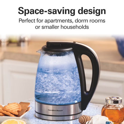 Hamilton Beach Glass Electric Kettle, 1 L, 1500W Fast Boiling Water Boiler, Cordless, Soft Blue LED Light, Auto Shutoff & Boil-Dry Protection, BPA-Free, Compact Size (40930JC) 🍁 All In One Marketplace Canada