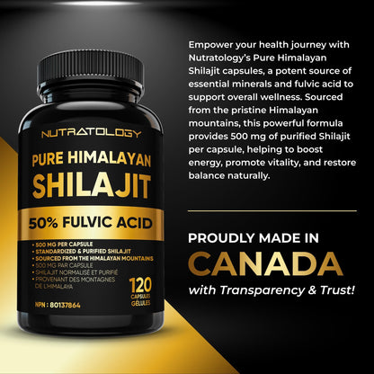 Nutratology® Pure Shilajit Capsules | 50% Fulvic Acid | High Potency & Purity - Sourced from the Himalayan Mountains - Shilajit for Men & Women - 120 Count 🍁 All In One Marketplace Canada