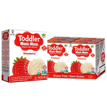 Want-Want Toddler Mum-Mum Rice Rusks, Strawberry, Gluten Free, Allergen Free, Non-GMO, Rice Teether Cookie for Teething Infants, 60gms, 24 Rusks per box - Case pack of 6 🍁 All In One Marketplace Canada
