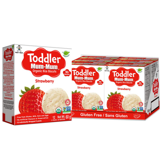 Want-Want Toddler Mum-Mum Rice Rusks, Strawberry, Gluten Free, Allergen Free, Non-GMO, Rice Teether Cookie for Teething Infants, 60gms, 24 Rusks per box - Case pack of 6 🍁 All In One Marketplace Canada